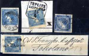 1851, 0,6 Kr. blau, vier gestempelte Werte, ... 