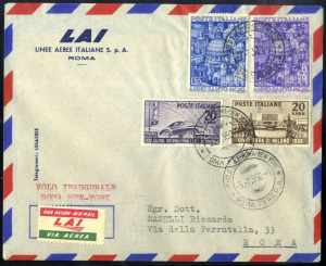 1950, aerogramma del primo volo LAI da Roma ... 