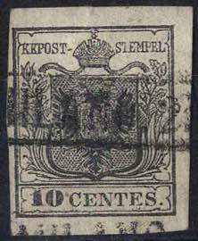 1850, 10 Cent. nero, decalco, usato, cert. ... 