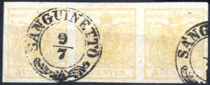 1850, 5 cent. giallo ocra I°tipo, striscia ... 