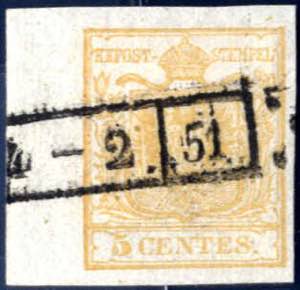 1850, 5 cent. giallo bistro con 7 mm bordo ... 