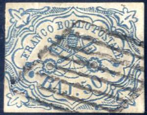 1852, 50 baj. azzurro con tre buoni margini ... 