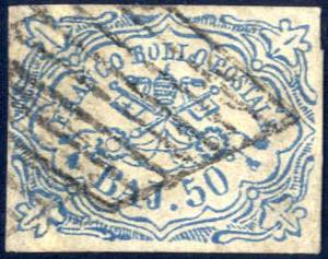 1852, 50 baj. azzurro usato, tre buoni ... 