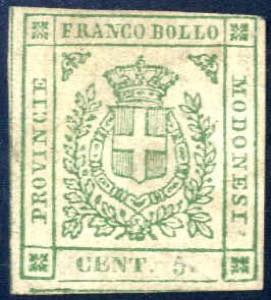 1859, 5 c. verde con margini buoni/completi, ... 