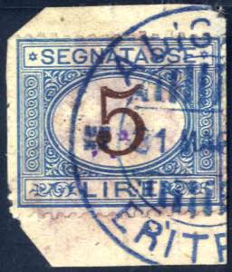 1870-4, segnatasse 5 L. azzurro e bruno su ... 