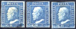 1859, 3 valori 2 gr. azzurro carta di ... 