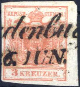 1850, 3 Kreuzer rosarot in Type IIIa/HP mit ... 