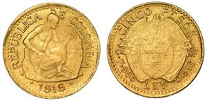 COLOMBIA. REPUBLIC. 5 Pesos 1919. ... 