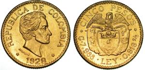 COLOMBIA. REPUBLIC. 5 Pesos 1928. Testa di ... 