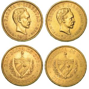 CUBA. Lotto di due monete. 10 Pesos 1916 (2 ... 