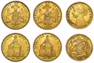 CILE. Lotto di tre monete.20 Pesos 1916. ... 