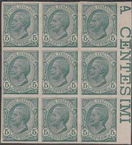 1906 - 5 c. verde blocco di 9 non ... 