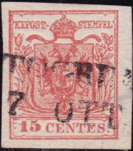 1852 - 15 c. rosso vermiglio n. 4. Cat. € ... 