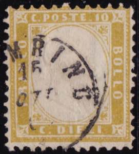 1862 - 10 c. bistro oliva n. 1e annullato. ... 
