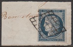 1849 - Cerere 25 c. azzurro su frammento n. ... 