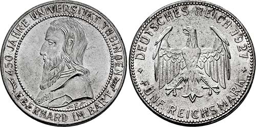 Stuttgart.5 Reichsmark 1927 F (450 ... 