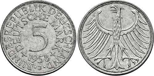 Hamburg.5 Deutsche Mark 1958 J ... 