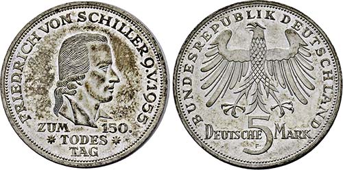 Stuttgart.5 Deutsche Mark 1955 F ... 