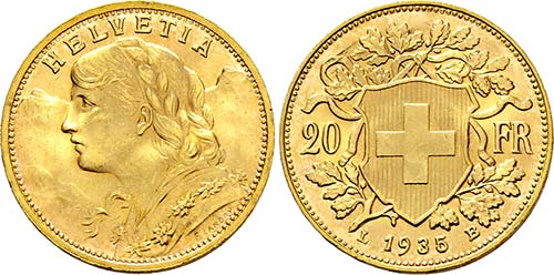 Bern.20 Franken 1935 LB (geprägt ... 