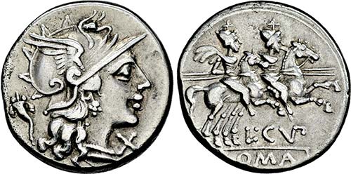 Denar. 147 v. Chr. Behelmter ... 
