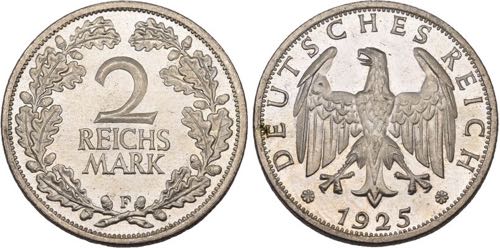 2 Reichsmark 1925 A, D, E, F, G, ... 