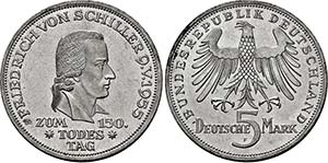 Stuttgart.5 Deutsche Mark 1955 F (150. ... 