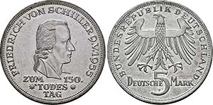 Stuttgart und Hamburg.5 Deutsche Mark 1955 F ... 