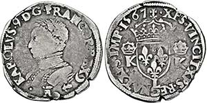 Charles IX. 1560-1574, Teston 1567 K (ss-s). ... 