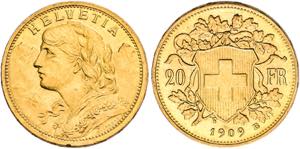 SCHWEIZ   Bern.20 Franken 1909 B (900 fein). ... 