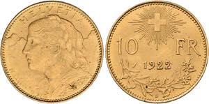 SCHWEIZ   Bern.10 Franken 1922 B (900 fein). ... 