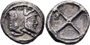 Obol. Ca. 480-470. Androkephale Stierprotome ... 