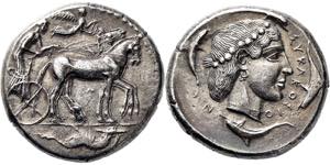 Tetradrachme. 474-ca. 450. Quadriga r. mit ... 