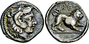 Diobol. 432-380. Herakleskopf mit Löwenfell ... 