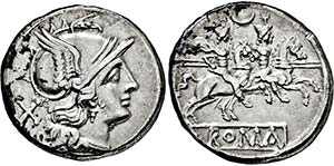 Denar. 207 v. Chr. Behelmter Romakopf r., ... 