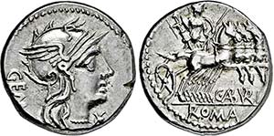 Denar. 134 v. Chr. Behelmter Romakopf r. Rs: ... 