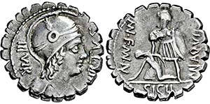 Denar. 71 v. Chr. Behelmter Virtuskopf r. ... 