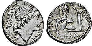 Denar. 96 v. Chr.(?). Belorbeerter ... 