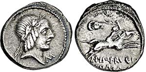 Denar. 90 v. Chr. Belorbeerter Apollokopf r. ... 