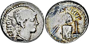 Denar. 46 v. Chr. Kopf der Juno Moneta r. ... 