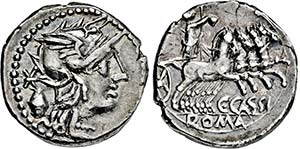 Denar. 126 v. Chr. Behelmter Romakopf r., ... 