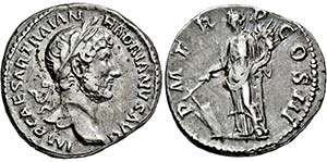 HADRIANUS. 117-138, Denar. Belorbeerter Kopf ... 