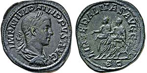 PHILIPPUS II. 247-249, Sesterz. Belorbeerte, ... 