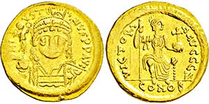 JUSTINUS II. 565-578, Solidus. Behelmte ... 