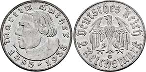 2 Reichsmark 1933 G (Luther; vz-St). Dazu J. ... 
