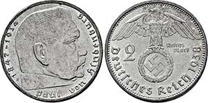 2 Reichsmark 1936 bis 1939 (Hindenburg). J. ... 