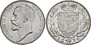Johann II. 1858-1929, Bern.5 Franken 1924 . ... 
