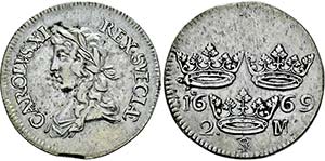 Karl XI. 1660-1697, Stockholm.2 Mark 1669 ... 