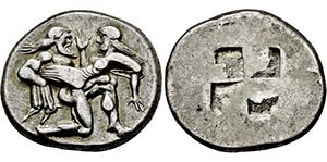 Stater. 510-463. Satyr r. raubt Nymphe. Rs: ... 