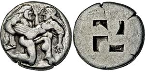 Stater. 510-463. Satyr r. raubt Nymphe. Rs: ... 