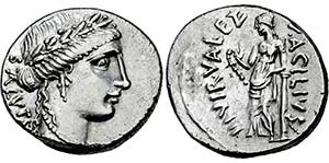 Denar. 49 v. Chr. Belorbeerter Saluskopf r. ... 